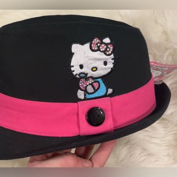 Sanrio Hello Kitty 🎀 Girls Black Fedora Hat HK Button M/L NWT - Picture 7 of 9